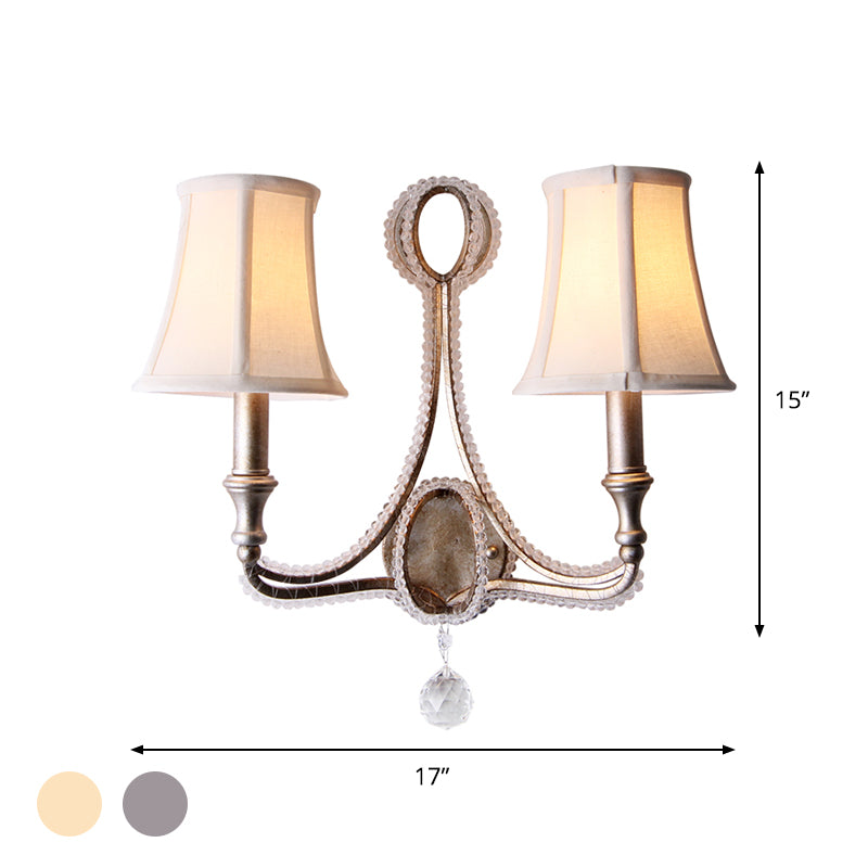 1/2-Bulb Wall Lighting Ideas Rustic Paneled Bell Fabric Wall Light Fixture in Beige/Aged Silver with Crystal Droplet Clearhalo 'Wall Lamps & Sconces' 'Wall Lights' Lighting' 818265