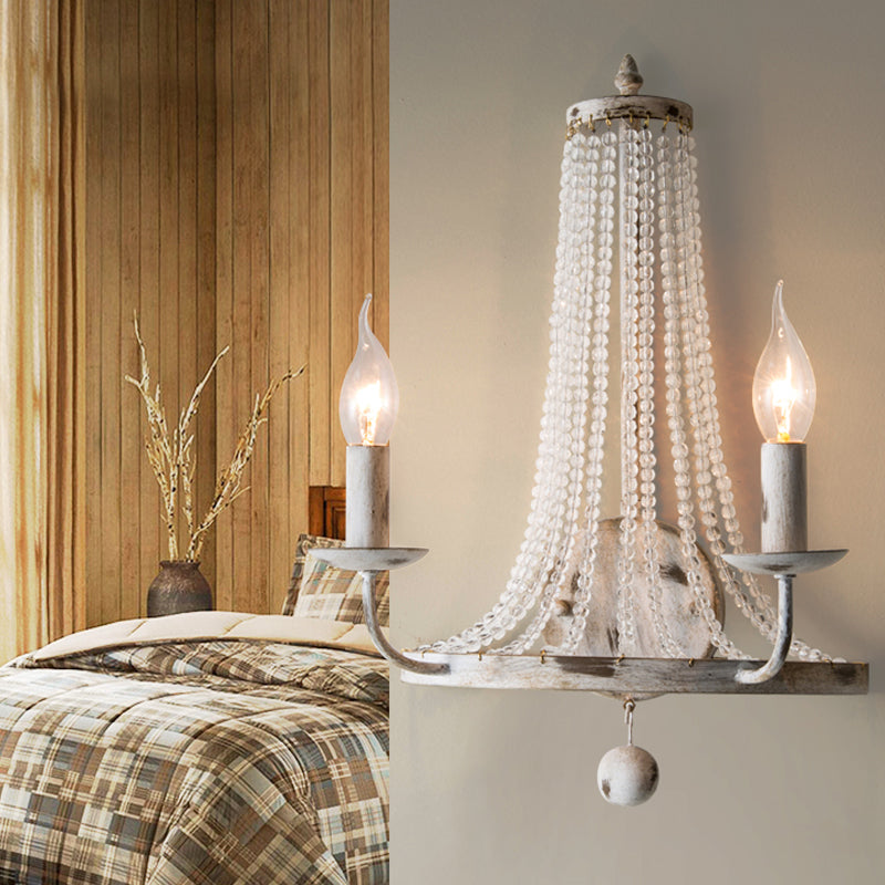 Basket Crystal Strand Wall Lighting Countryside 2-Light Bedroom Sconce Lamp in White with Candle Design White Clearhalo 'Wall Lamps & Sconces' 'Wall Lights' Lighting' 818266