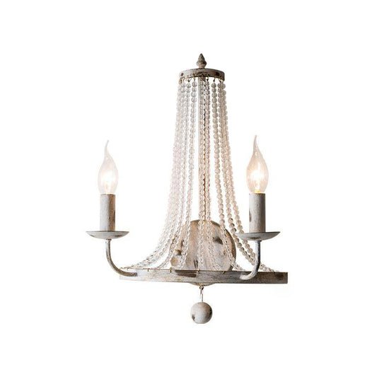 Basket Crystal Strand Wall Lighting Countryside 2-Light Bedroom Sconce Lamp in White with Candle Design Clearhalo 'Wall Lamps & Sconces' 'Wall Lights' Lighting' 818267