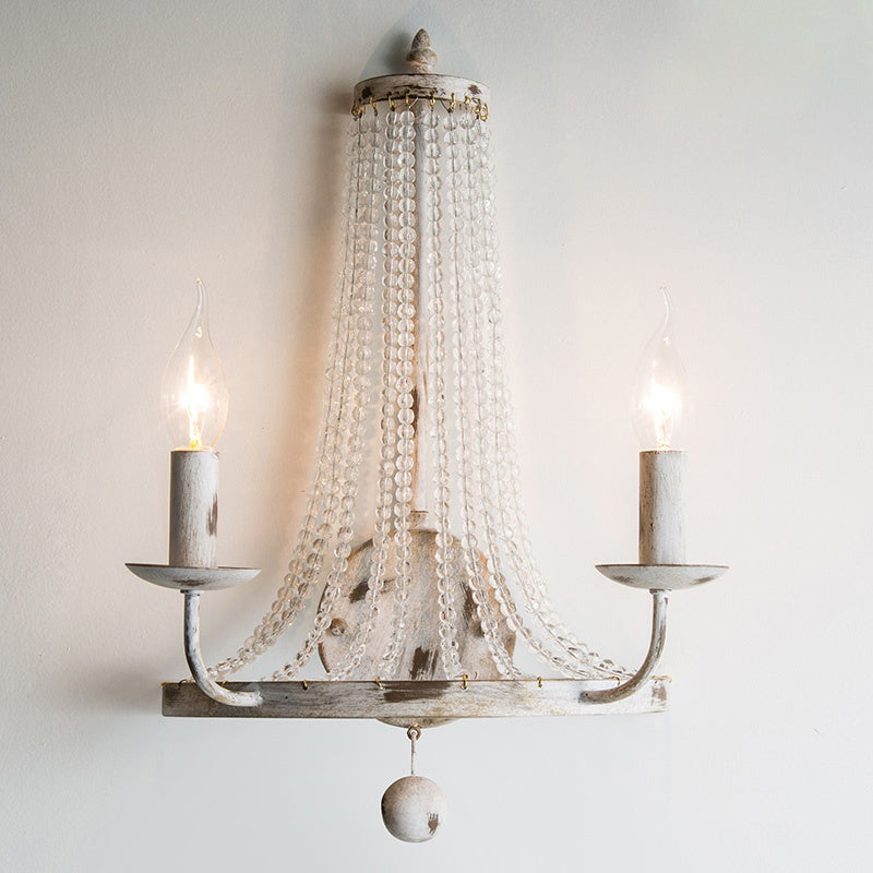 Basket Crystal Strand Wall Lighting Countryside 2-Light Bedroom Sconce Lamp in White with Candle Design Clearhalo 'Wall Lamps & Sconces' 'Wall Lights' Lighting' 818268