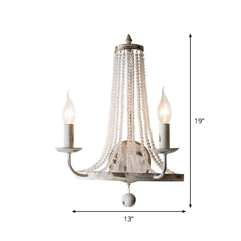 Basket Crystal Strand Wall Lighting Countryside 2-Light Bedroom Sconce Lamp in White with Candle Design Clearhalo 'Wall Lamps & Sconces' 'Wall Lights' Lighting' 818269