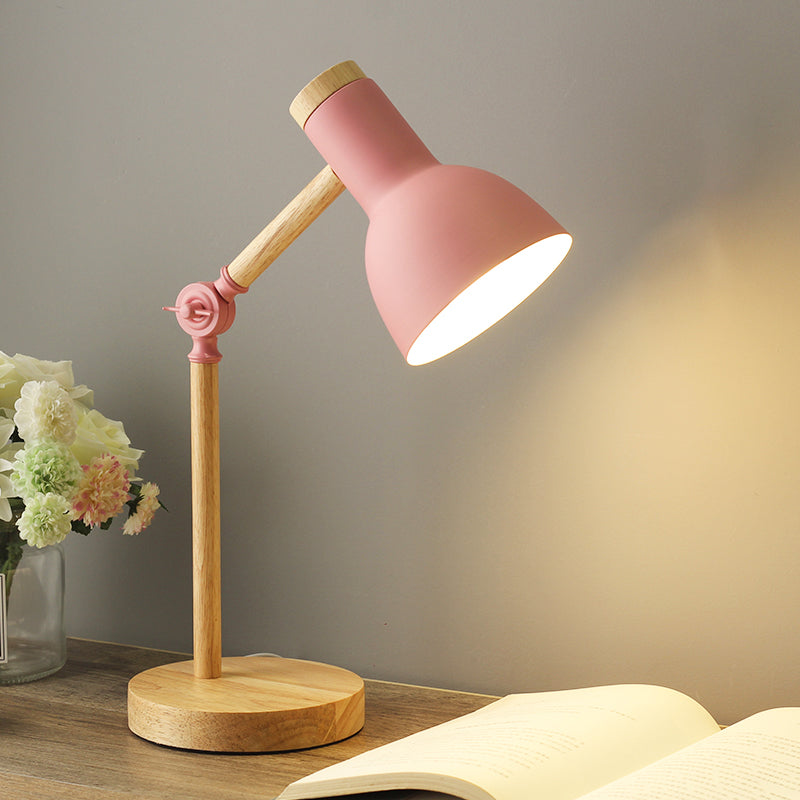 Macaron Dome Reading Book Light Metal 1 Light Study Room Table Lamp in White/Black/Pink with Rotatable Wood Arm Pink Clearhalo 'Lamps' 'Table Lamps' Lighting' 818315