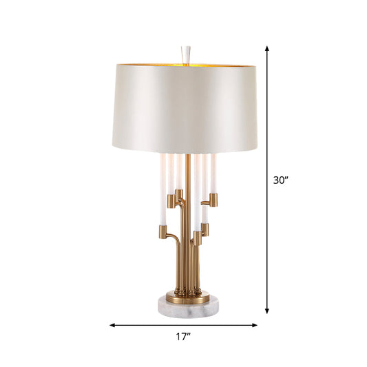Traditional Drum Table Light 1 Light Fabric Nightstand Lighting in Inner Gold with Flute Crystal Deco Clearhalo 'Lamps' 'Table Lamps' Lighting' 818360