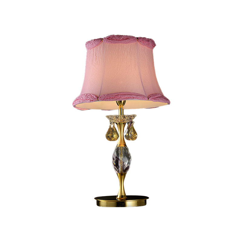 Bell Fabric Night Table Lamp Simple 1 Light Bedroom Nightstand Light in Pink with Crystal Urn Base Clearhalo 'Lamps' 'Table Lamps' Lighting' 818362