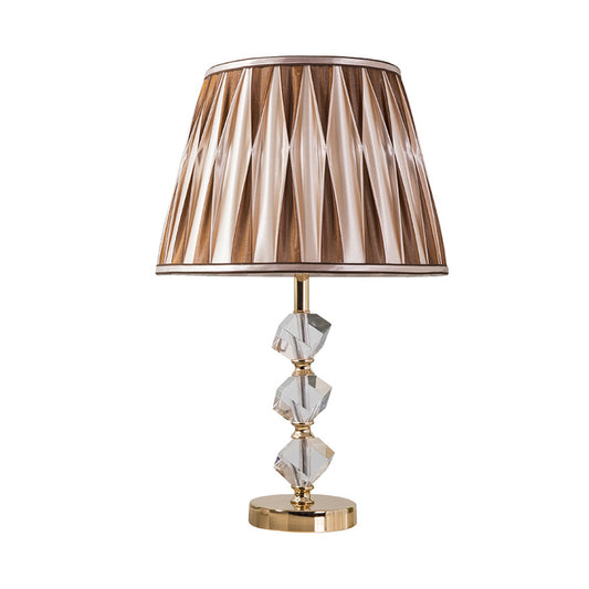 1 Light Pleated Shade Nightstand Light Minimal Brown Fabric Night Lamp with Crystal Block Design Clearhalo 'Lamps' 'Table Lamps' Lighting' 818367
