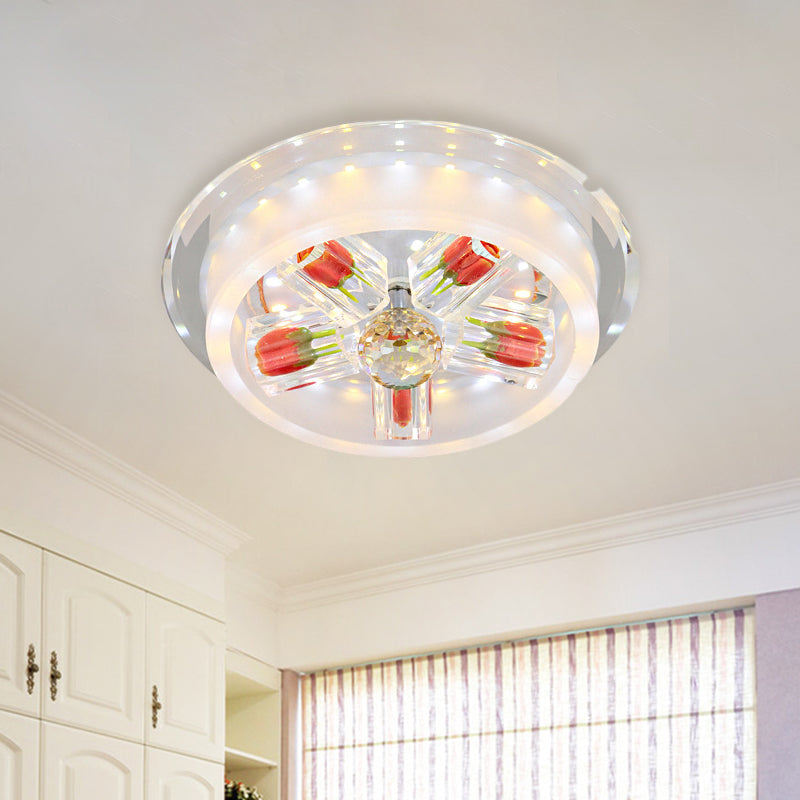 Frosted Glass LED Flush Mount Light Modern Red Rose Cake Living Room Ceiling Fixture with Crystal Shade Red Clearhalo 'Ceiling Lights' 'Close To Ceiling Lights' 'Close to ceiling' 'Flush mount' Lighting' 818416
