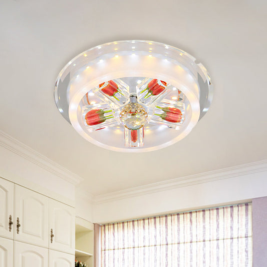 Frosted Glass LED Flush Mount Light Modern Red Rose Cake Living Room Ceiling Fixture with Crystal Shade Red Clearhalo 'Ceiling Lights' 'Close To Ceiling Lights' 'Close to ceiling' 'Flush mount' Lighting' 818416