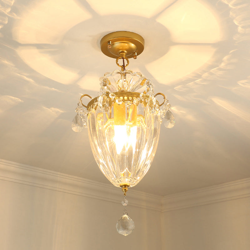 Gold 1 Bulb Semi Flush Ceiling Light Traditional Ribbed Crystal Bell Flush Mount Fixture Gold Clearhalo 'Ceiling Lights' 'Close To Ceiling Lights' 'Close to ceiling' 'Semi-flushmount' Lighting' 818475