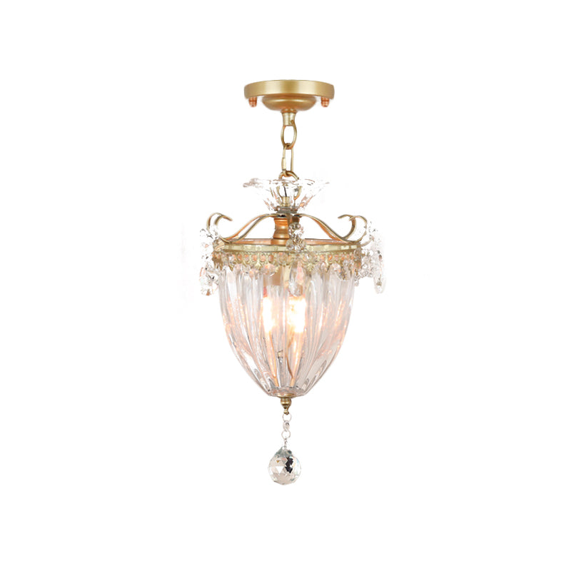 Gold 1 Bulb Semi Flush Ceiling Light Traditional Ribbed Crystal Bell Flush Mount Fixture Clearhalo 'Ceiling Lights' 'Close To Ceiling Lights' 'Close to ceiling' 'Semi-flushmount' Lighting' 818476