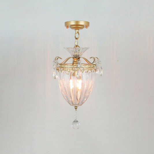 Gold 1 Bulb Semi Flush Ceiling Light Traditional Ribbed Crystal Bell Flush Mount Fixture Clearhalo 'Ceiling Lights' 'Close To Ceiling Lights' 'Close to ceiling' 'Semi-flushmount' Lighting' 818477