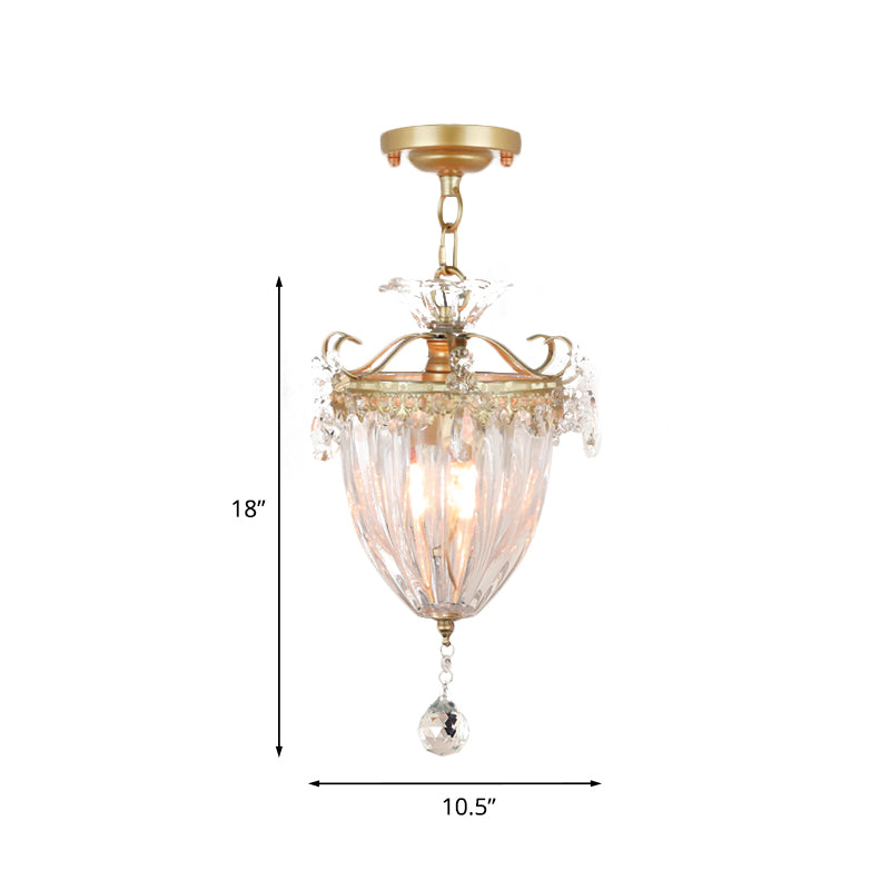 Gold 1 Bulb Semi Flush Ceiling Light Traditional Ribbed Crystal Bell Flush Mount Fixture Clearhalo 'Ceiling Lights' 'Close To Ceiling Lights' 'Close to ceiling' 'Semi-flushmount' Lighting' 818478