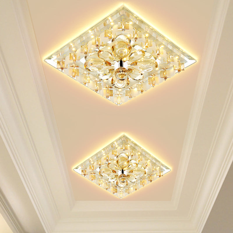 Amber Flower Crystal Square Flush Light Contemporary Hallway LED Close to Ceiling Lighting in Warm/White Light Amber Clearhalo 'Ceiling Lights' 'Close To Ceiling Lights' 'Close to ceiling' 'Flush mount' Lighting' 818487