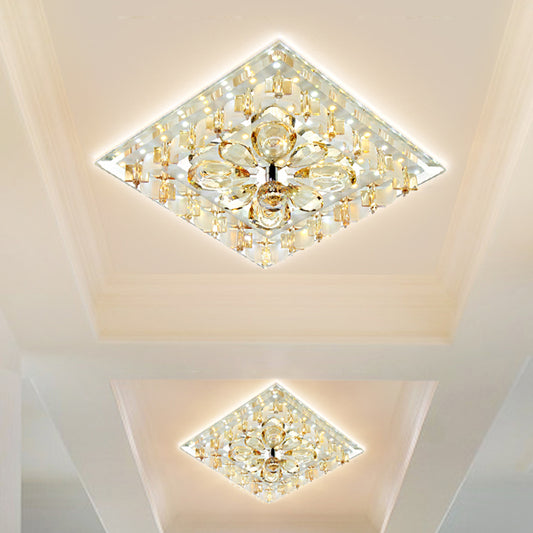 Amber Flower Crystal Square Flush Light Contemporary Hallway LED Close to Ceiling Lighting in Warm/White Light Clearhalo 'Ceiling Lights' 'Close To Ceiling Lights' 'Close to ceiling' 'Flush mount' Lighting' 818488