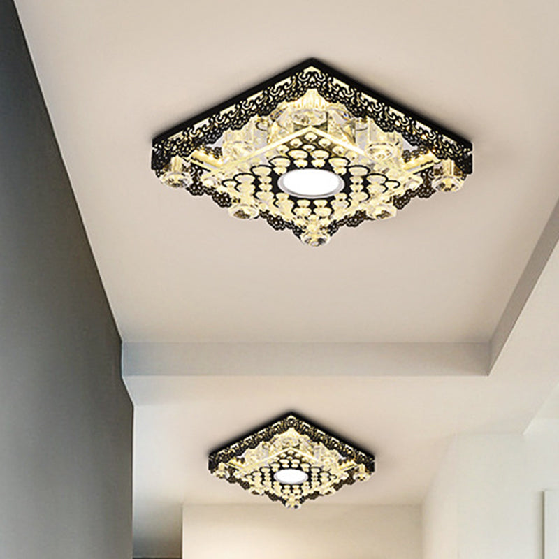 Crystal Black Flush Light Floral-Trim Square/Round Contemporary LED Close to Ceiling Lamp Black Square Plate Clearhalo 'Ceiling Lights' 'Close To Ceiling Lights' 'Close to ceiling' 'Flush mount' Lighting' 818527