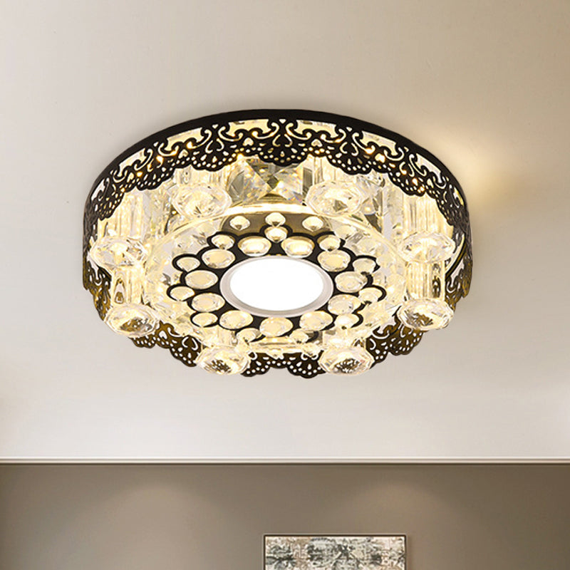 Crystal Black Flush Light Floral-Trim Square/Round Contemporary LED Close to Ceiling Lamp Black Round Clearhalo 'Ceiling Lights' 'Close To Ceiling Lights' 'Close to ceiling' 'Flush mount' Lighting' 818531