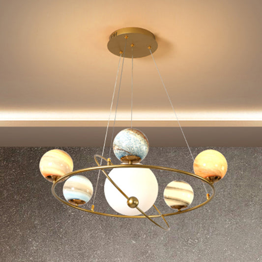 Kids Solar System Ceiling Pendant Light Stained Glass 4/6-Head Bedroom Chandelier Lighting in Gold Clearhalo 'Ceiling Lights' 'Chandeliers' Lighting' options 818553