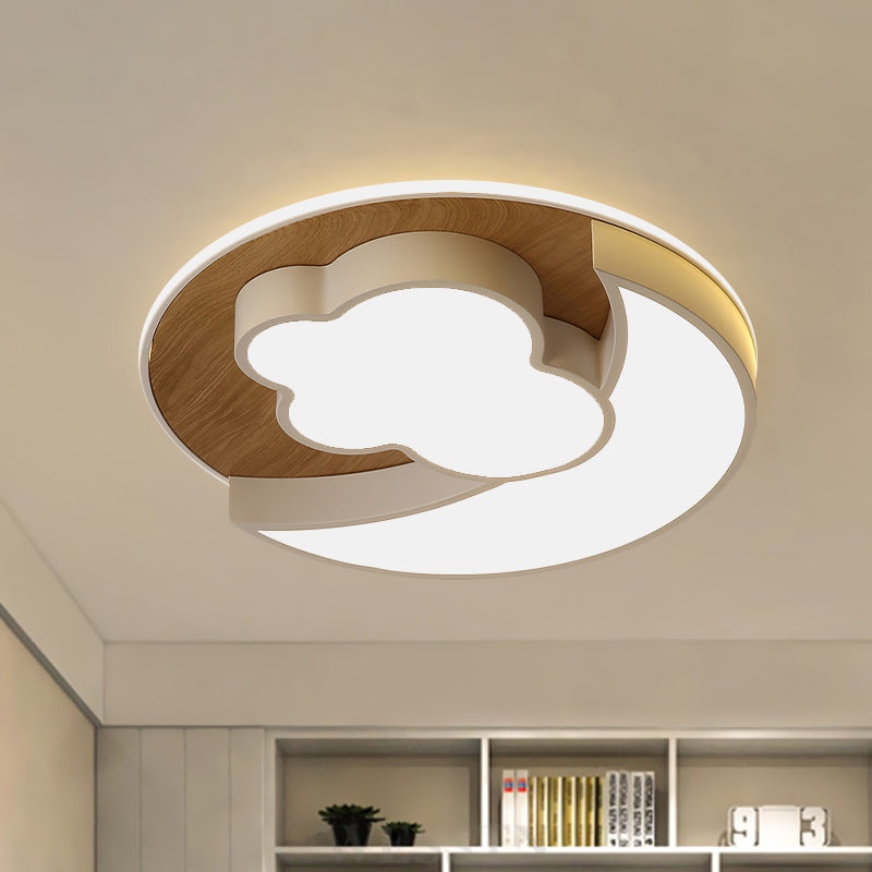 Cartoon Crescent and Cloud Flush Light Iron Child Bedroom LED Flush Mount Recessed Lighting in Blue/Wood Wood Clearhalo 'Ceiling Lights' 'Close To Ceiling Lights' 'Close to ceiling' 'Flush mount' Lighting' 818605