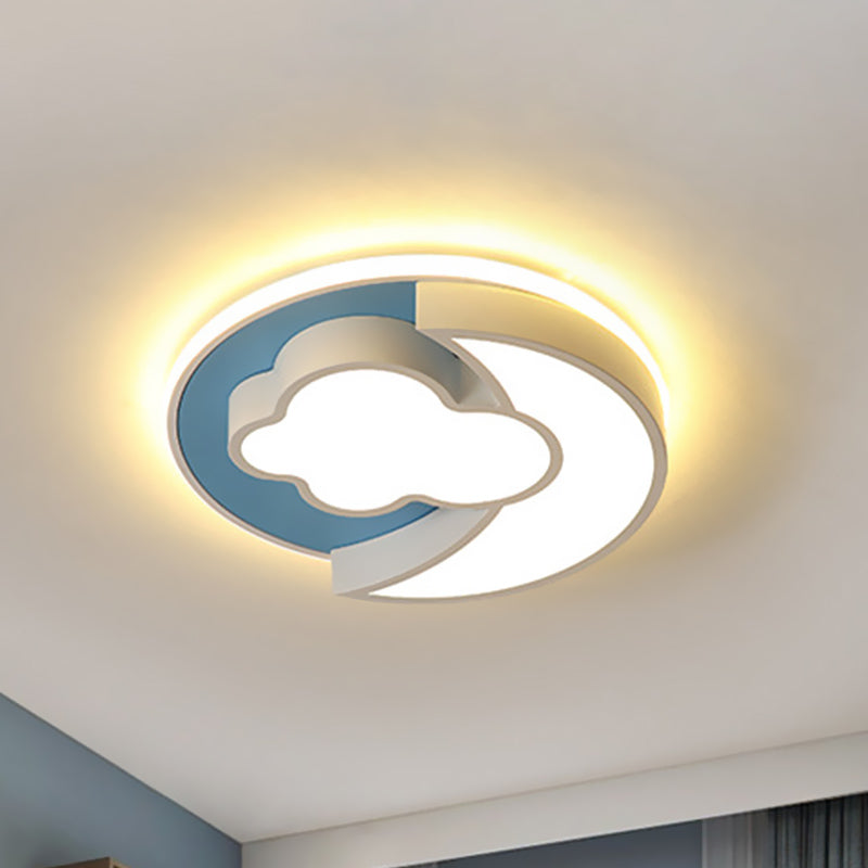 Cartoon Crescent and Cloud Flush Light Iron Child Bedroom LED Flush Mount Recessed Lighting in Blue/Wood Blue Clearhalo 'Ceiling Lights' 'Close To Ceiling Lights' 'Close to ceiling' 'Flush mount' Lighting' 818609