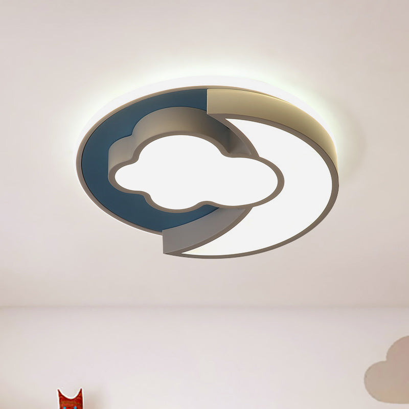 Cartoon Crescent and Cloud Flush Light Iron Child Bedroom LED Flush Mount Recessed Lighting in Blue/Wood Clearhalo 'Ceiling Lights' 'Close To Ceiling Lights' 'Close to ceiling' 'Flush mount' Lighting' 818610