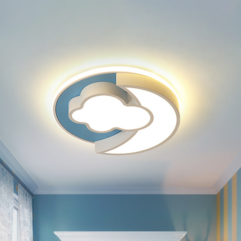 Cartoon Crescent and Cloud Flush Light Iron Child Bedroom LED Flush Mount Recessed Lighting in Blue/Wood Clearhalo 'Ceiling Lights' 'Close To Ceiling Lights' 'Close to ceiling' 'Flush mount' Lighting' 818611