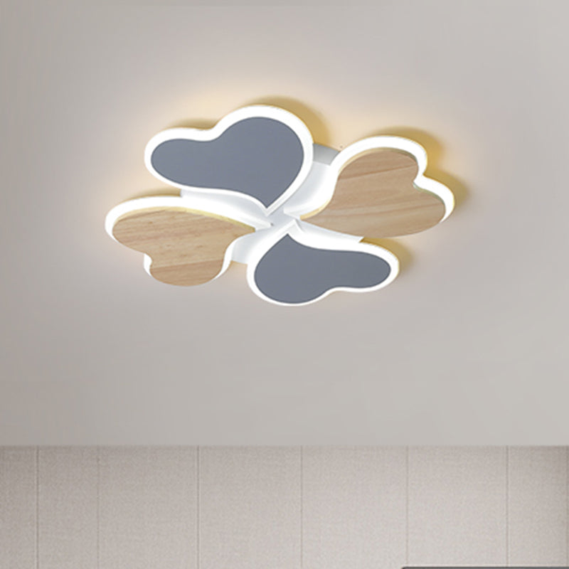 4-Leaf Clover Iron Ceiling Lighting Nordic Style Blue and Wood Flush Mount LED Light Clearhalo 'Ceiling Lights' 'Close To Ceiling Lights' 'Close to ceiling' 'Flush mount' Lighting' 818630