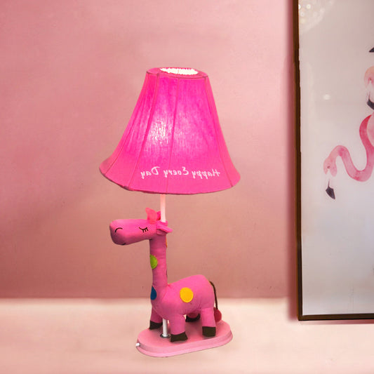 Flared Script-Print Fabric Table Lighting Kids Single-Bulb Yellow/Blue/Pink Night Lamp with Giraffe Base Clearhalo 'Lamps' 'Table Lamps' Lighting' 818658