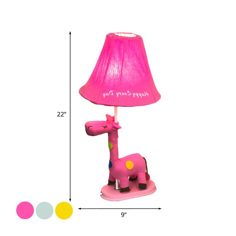 Flared Script-Print Fabric Table Lighting Kids Single-Bulb Yellow/Blue/Pink Night Lamp with Giraffe Base Clearhalo 'Lamps' 'Table Lamps' Lighting' 818660