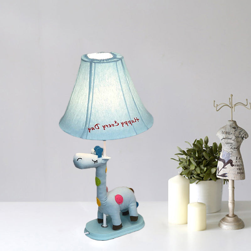 Flared Script-Print Fabric Table Lighting Kids Single-Bulb Yellow/Blue/Pink Night Lamp with Giraffe Base Clearhalo 'Lamps' 'Table Lamps' Lighting' 818662