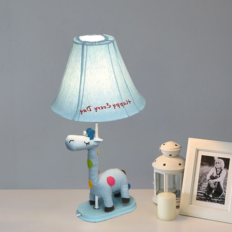 Flared Script-Print Fabric Table Lighting Kids Single-Bulb Yellow/Blue/Pink Night Lamp with Giraffe Base Clearhalo 'Lamps' 'Table Lamps' Lighting' 818663