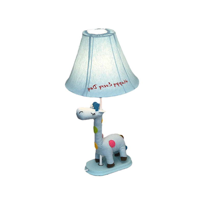 Flared Script-Print Fabric Table Lighting Kids Single-Bulb Yellow/Blue/Pink Night Lamp with Giraffe Base Clearhalo 'Lamps' 'Table Lamps' Lighting' 818664
