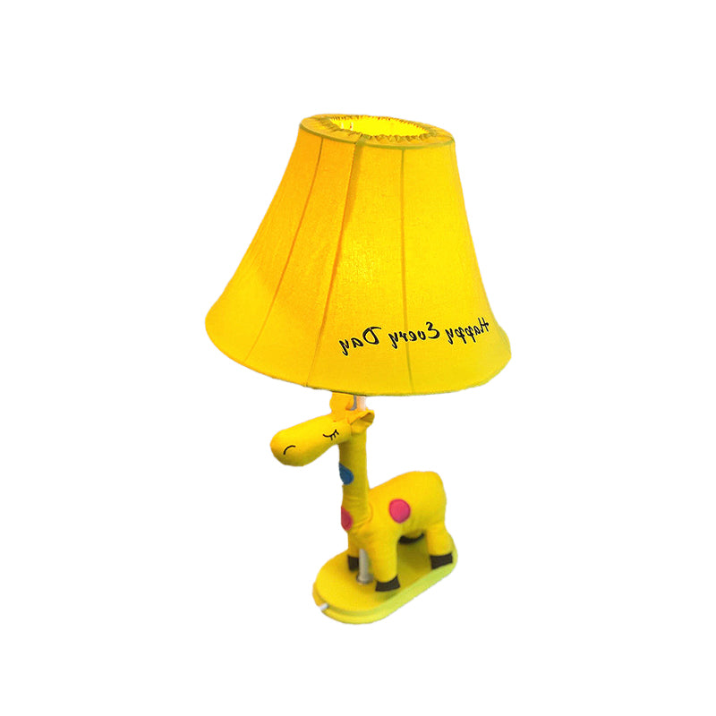 Flared Script-Print Fabric Table Lighting Kids Single-Bulb Yellow/Blue/Pink Night Lamp with Giraffe Base Clearhalo 'Lamps' 'Table Lamps' Lighting' 818668