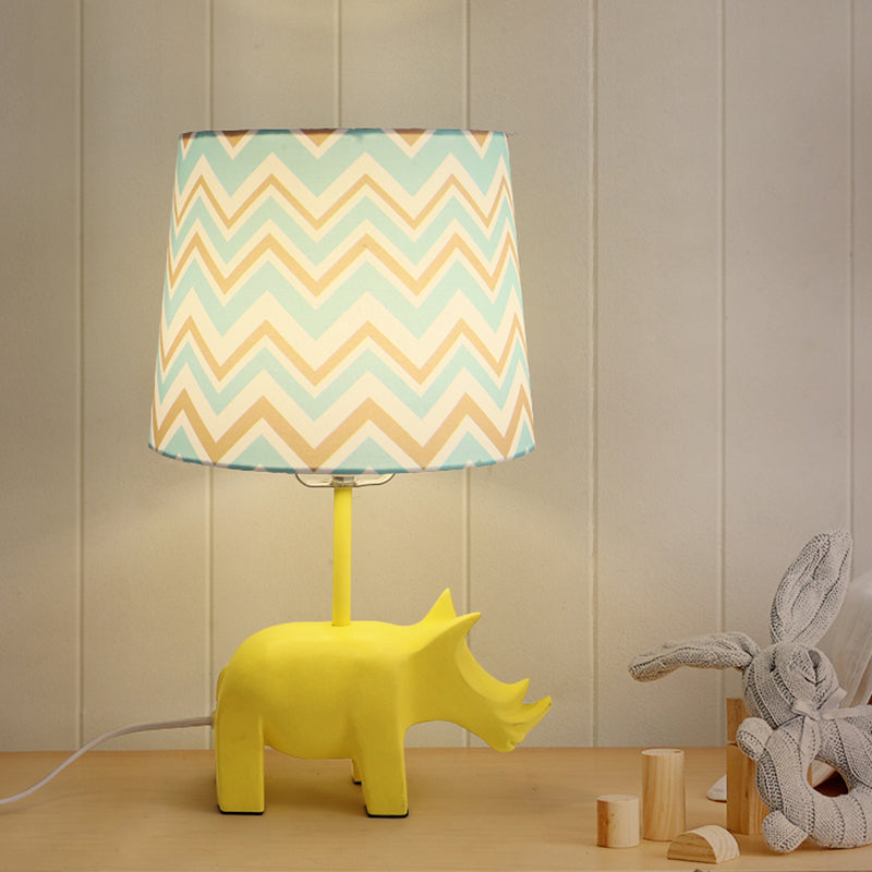 Cartoon 1 Bulb Table Lamp Pink Elephant/Peacock Blue/Yellow Rhinoceros Nightstand Light with Drum/Flared/Chevron Fabric Shade Clearhalo 'Lamps' 'Table Lamps' Lighting' 818674