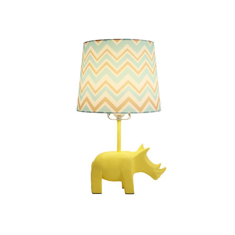 Cartoon 1 Bulb Table Lamp Pink Elephant/Peacock Blue/Yellow Rhinoceros Nightstand Light with Drum/Flared/Chevron Fabric Shade Clearhalo 'Lamps' 'Table Lamps' Lighting' 818675