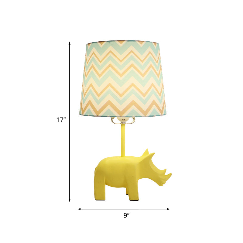 Cartoon 1 Bulb Table Lamp Pink Elephant/Peacock Blue/Yellow Rhinoceros Nightstand Light with Drum/Flared/Chevron Fabric Shade Clearhalo 'Lamps' 'Table Lamps' Lighting' 818676