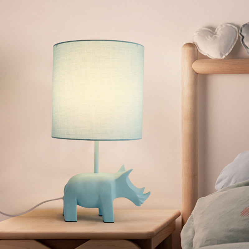 Cartoon 1 Bulb Table Lamp Pink Elephant/Peacock Blue/Yellow Rhinoceros Nightstand Light with Drum/Flared/Chevron Fabric Shade Peacock Blue Clearhalo 'Lamps' 'Table Lamps' Lighting' 818677