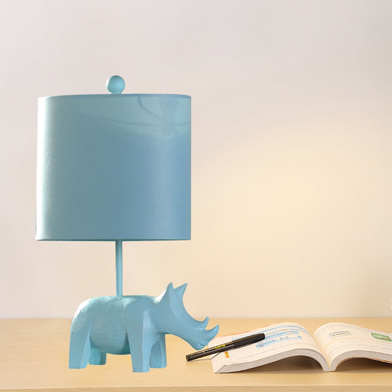 Cartoon 1 Bulb Table Lamp Pink Elephant/Peacock Blue/Yellow Rhinoceros Nightstand Light with Drum/Flared/Chevron Fabric Shade Clearhalo 'Lamps' 'Table Lamps' Lighting' 818678