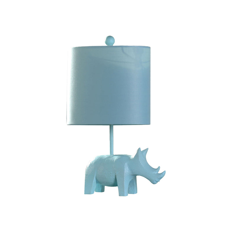 Cartoon 1 Bulb Table Lamp Pink Elephant/Peacock Blue/Yellow Rhinoceros Nightstand Light with Drum/Flared/Chevron Fabric Shade Clearhalo 'Lamps' 'Table Lamps' Lighting' 818680