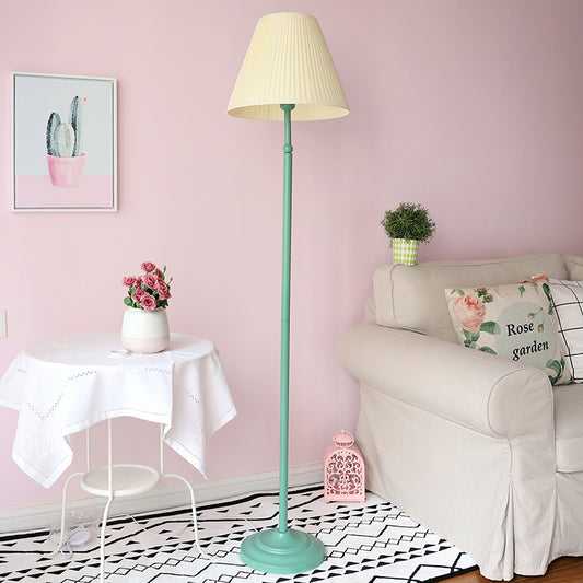 Macaron Straight Rod Iron Floor Light 1-Light Standing Floor Lamp in Pink/Green with Pink/Yellow Pleated Shade Green Yellow Clearhalo 'Floor Lamps' 'Lamps' Lighting' 818821