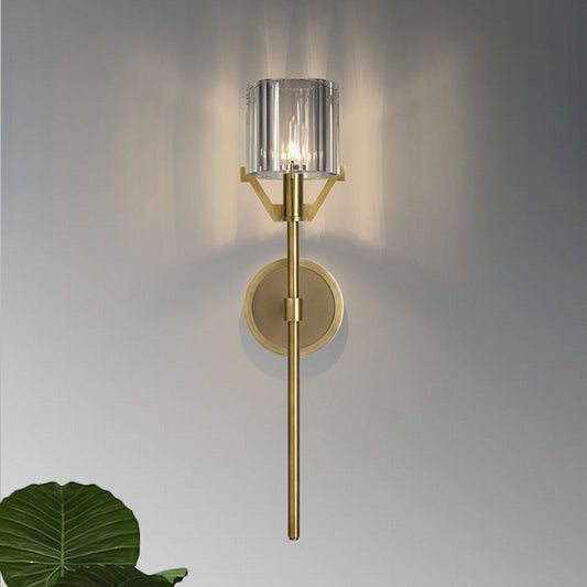 Brass 1 Head Wall Light Fixture Postmodern Clear Crystal Block Cylinder Wall Sconce with Pencil Arm Brass Clearhalo 'Modern wall lights' 'Modern' 'Wall Lamps & Sconces' 'Wall Lights' Lighting' 818958