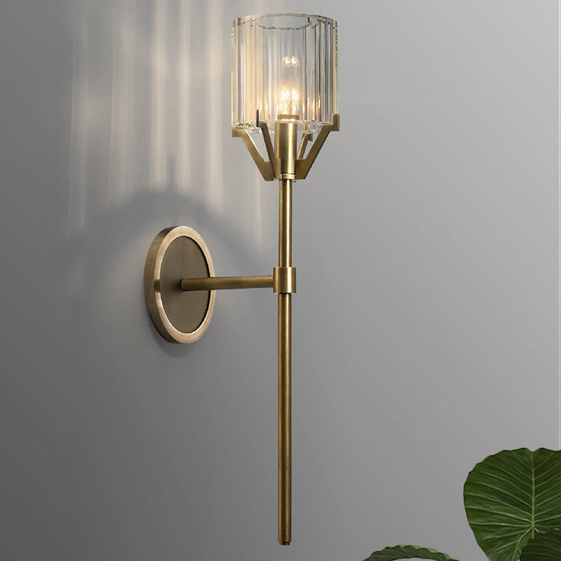 Brass 1 Head Wall Light Fixture Postmodern Clear Crystal Block Cylinder Wall Sconce with Pencil Arm Clearhalo 'Modern wall lights' 'Modern' 'Wall Lamps & Sconces' 'Wall Lights' Lighting' 818959