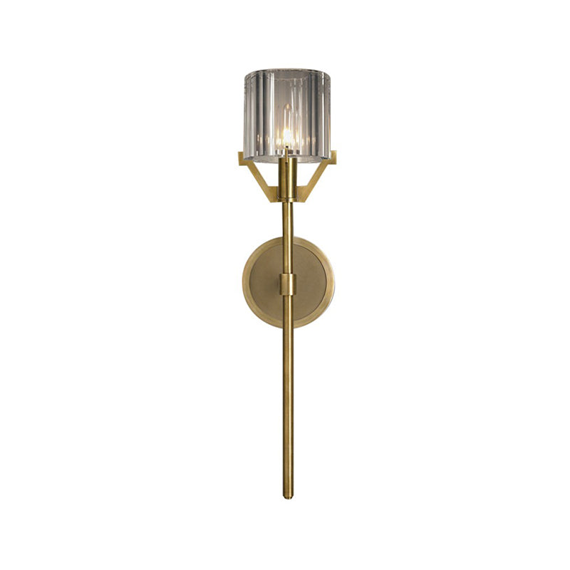 Brass 1 Head Wall Light Fixture Postmodern Clear Crystal Block Cylinder Wall Sconce with Pencil Arm Clearhalo 'Modern wall lights' 'Modern' 'Wall Lamps & Sconces' 'Wall Lights' Lighting' 818960