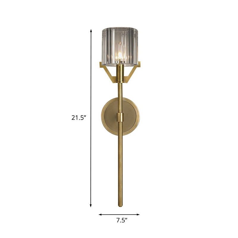 Brass 1 Head Wall Light Fixture Postmodern Clear Crystal Block Cylinder Wall Sconce with Pencil Arm Clearhalo 'Modern wall lights' 'Modern' 'Wall Lamps & Sconces' 'Wall Lights' Lighting' 818961