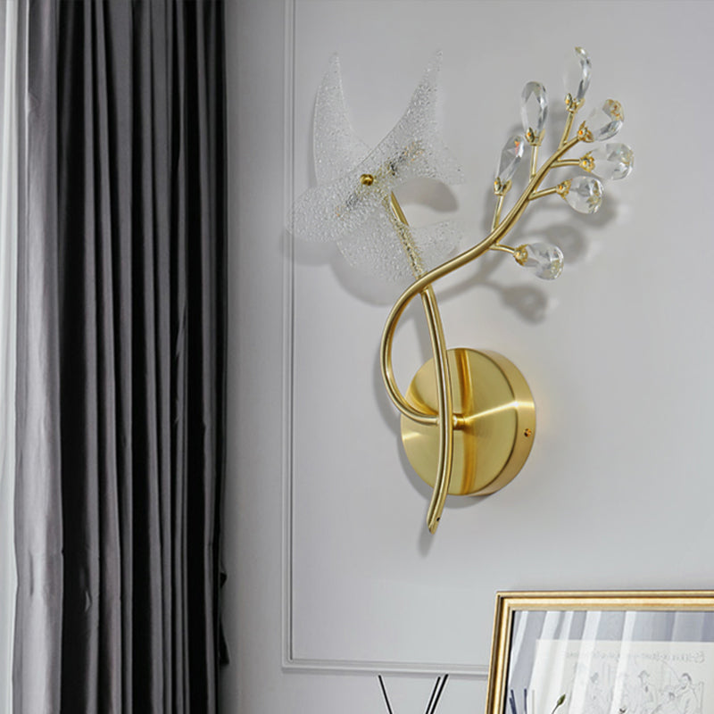 Simple Branch Sconce Light Fixture 2 Heads Faceted Crystal Wall Mounted Lamp in Gold, Left/Right Gold Left Clearhalo 'Modern wall lights' 'Modern' 'Wall Lamps & Sconces' 'Wall Lights' Lighting' 818982