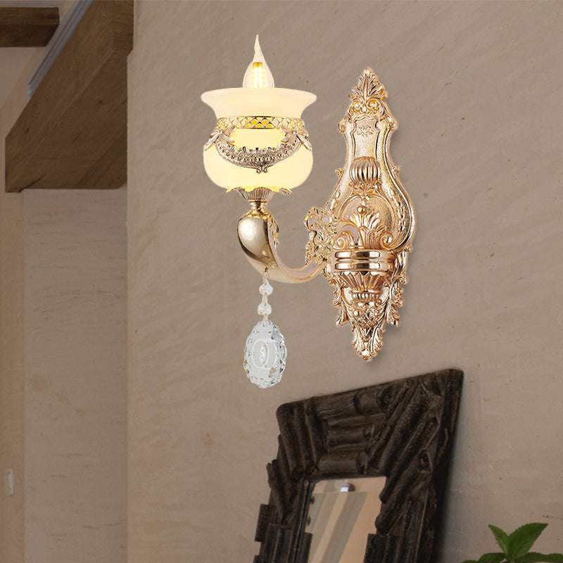 Gold Candlestick Sconce Lamp Traditional Jade 1/2-Light Living Rom Wall Light with Dangling Crystal 1.0 Gold Clearhalo 'Wall Lamps & Sconces' 'Wall Lights' Lighting' 818999