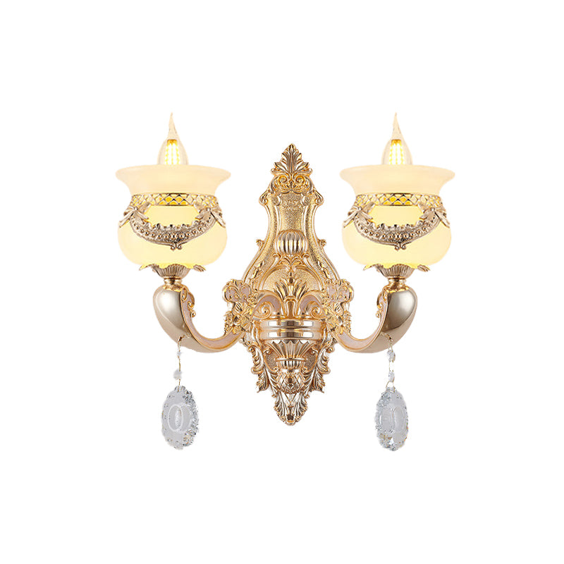 Gold Candlestick Sconce Lamp Traditional Jade 1/2-Light Living Rom Wall Light with Dangling Crystal Clearhalo 'Wall Lamps & Sconces' 'Wall Lights' Lighting' 819005