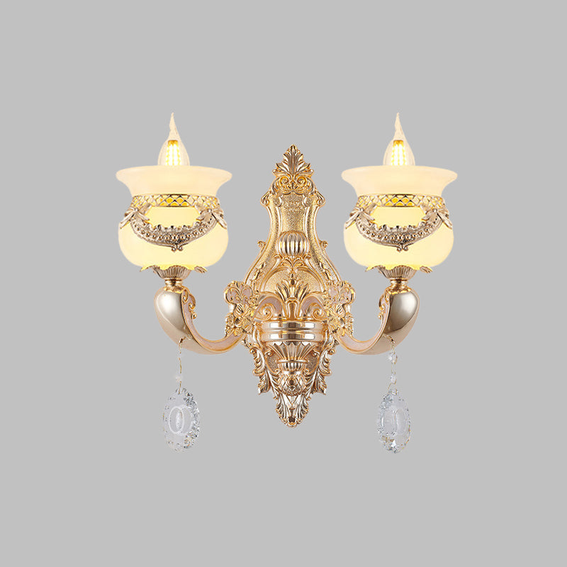 Gold Candlestick Sconce Lamp Traditional Jade 1/2-Light Living Rom Wall Light with Dangling Crystal Clearhalo 'Wall Lamps & Sconces' 'Wall Lights' Lighting' 819006