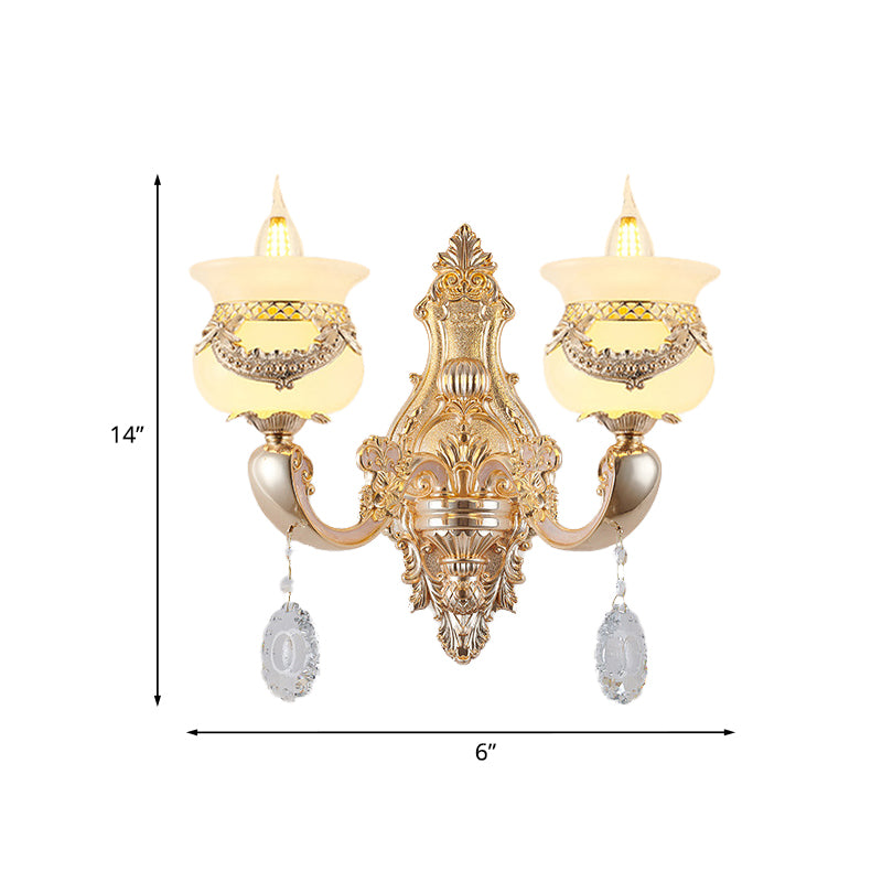 Gold Candlestick Sconce Lamp Traditional Jade 1/2-Light Living Rom Wall Light with Dangling Crystal Clearhalo 'Wall Lamps & Sconces' 'Wall Lights' Lighting' 819007