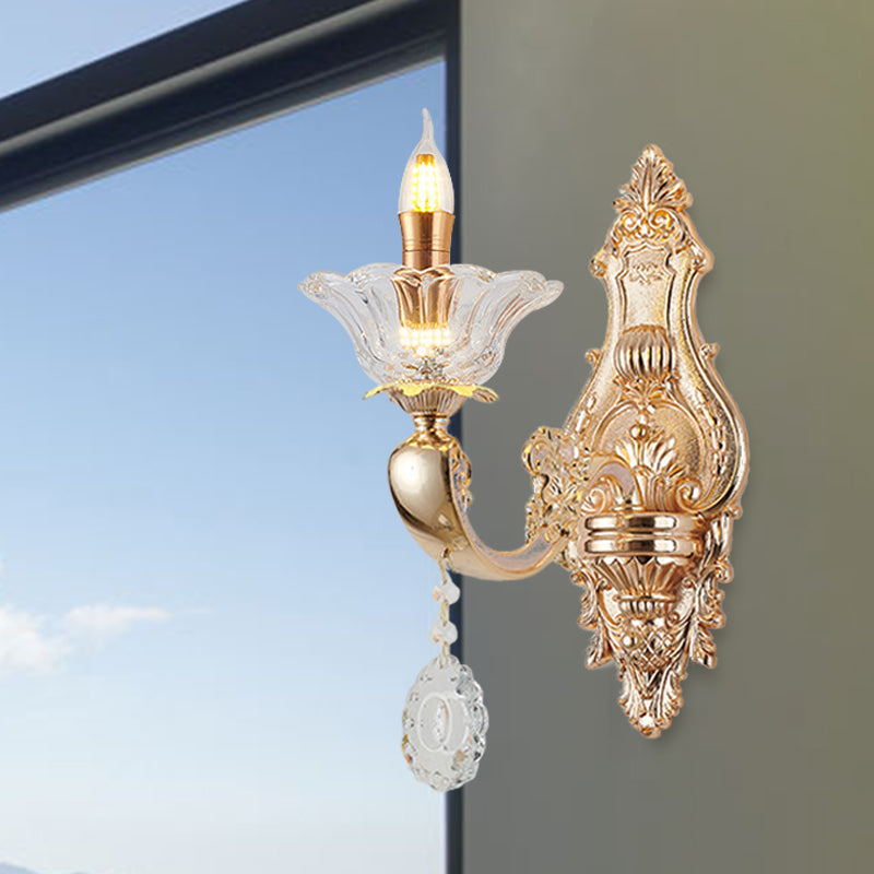 Retro Candlestick Sconce Lighting Fixture 1/2-Bulb Clear Crystal Glass Wall Mounted Light in Gold 1.0 Gold Clearhalo 'Wall Lamps & Sconces' 'Wall Lights' Lighting' 819008