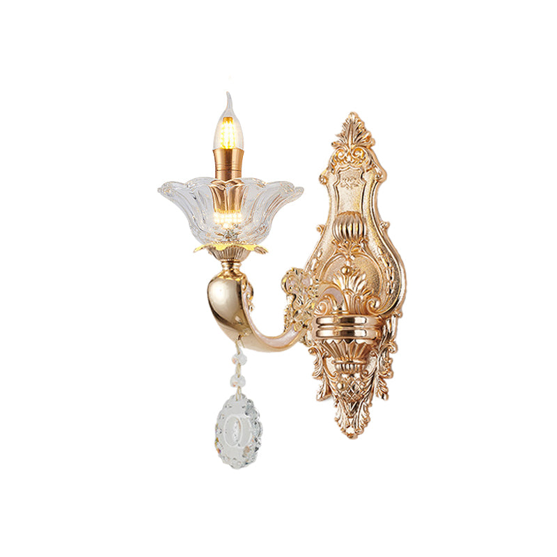 Retro Candlestick Sconce Lighting Fixture 1/2-Bulb Clear Crystal Glass Wall Mounted Light in Gold Clearhalo 'Wall Lamps & Sconces' 'Wall Lights' Lighting' 819010