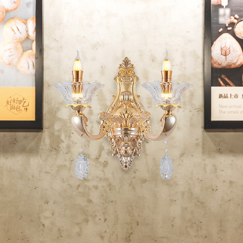 Retro Candlestick Sconce Lighting Fixture 1/2-Bulb Clear Crystal Glass Wall Mounted Light in Gold 2.0 Gold Clearhalo 'Wall Lamps & Sconces' 'Wall Lights' Lighting' 819012